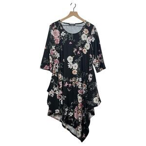 Bryn Walker Tunic Top Women's Size Medium Black Naida Floral Asymmetric Hem